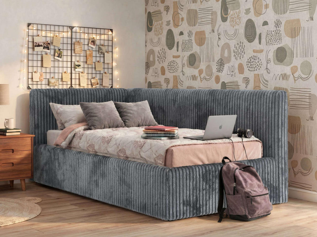 POLSTERBETT TILVO 90/200 - Grau Cord - Ohne Matratze - Links - Grau, Textil (90/200cm) - MKS