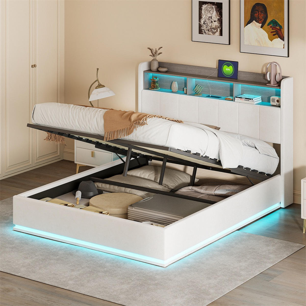 POLSTERBETT 140x200cm - Doppelbett mit RGB-LED-Beleuchtung am Kopfteil und Unterboden Stauraum-Kopfteil - Beige - Beige, Textil (140/200cm) - DELFA