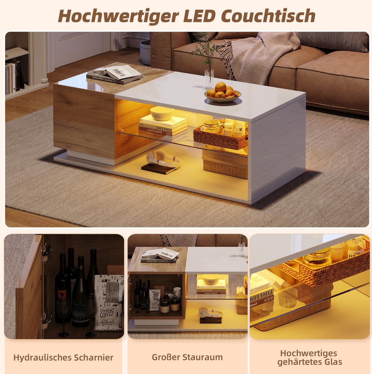 COUCHTISCH 105/50/36 cm mit LED-Beleuchtung, Stauraum und Hochglanzoberfläche, Weiß/Holzfarbe - Weiß, Holzwerkstoff (105/50/36cm) - Modfu