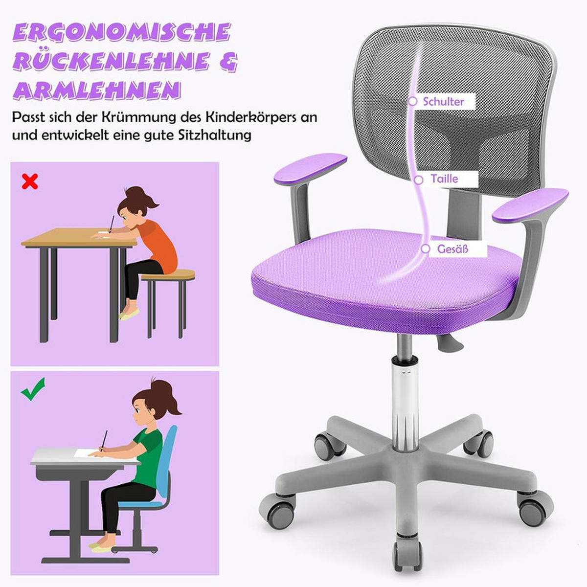 KINDER‑BÜROSTUHL 360°drehbar violett - Lila, Kunststoff (54/80/54cm) - COSTWAY