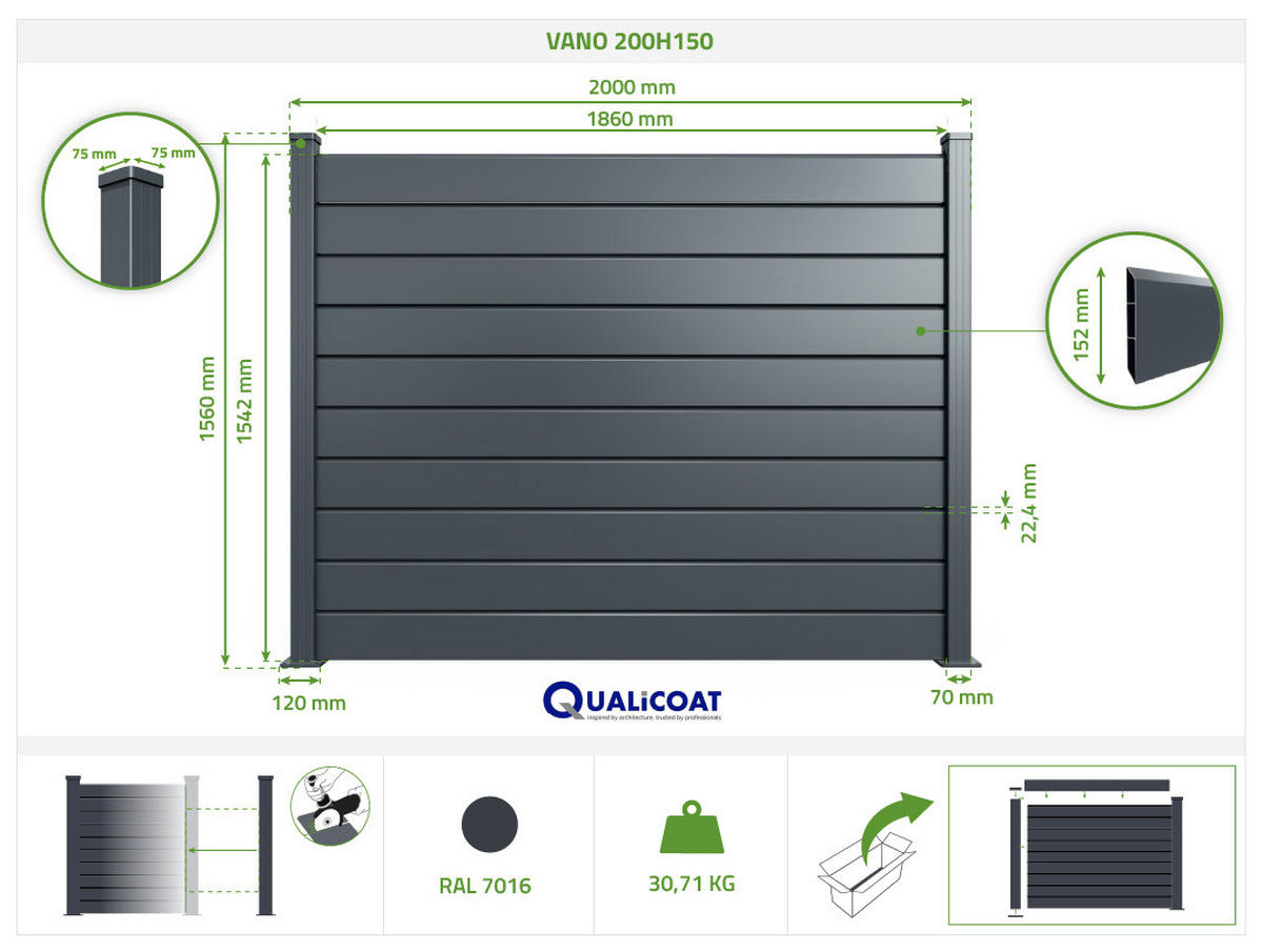 ALUMINIUM-LAMELLENZAUN 8 m VANO H. 150 cm grau - Grau, Metall (200/156cm) - Casanoov