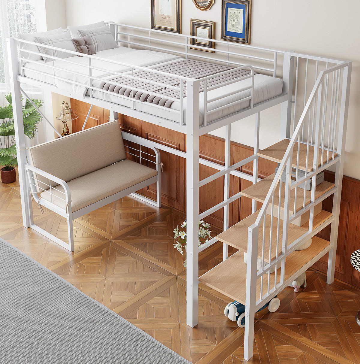 PATROVÁ postel 90/200 cm bílá z kovu a MDF s odnímatelnou pohovkou a úložným schodištěm - bílá, kompozitní dřevo (90/200cm) - OKWISH