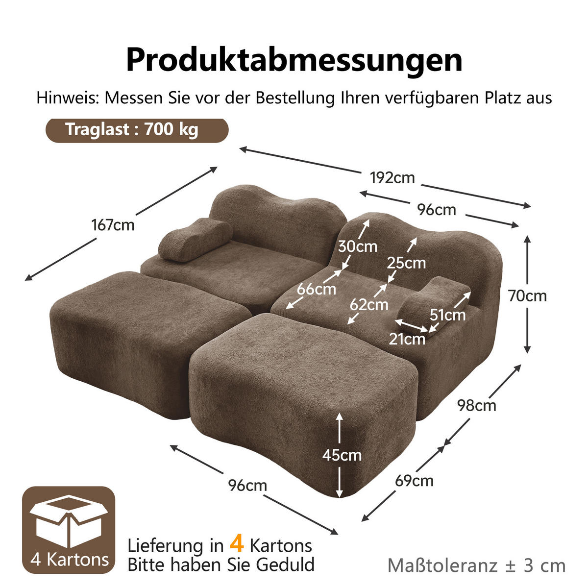 2-SITZER-SOFA DE-34348 mit 2 Ottomans Braun - Braun, Textil (167/70/192cm) - ComfortXL