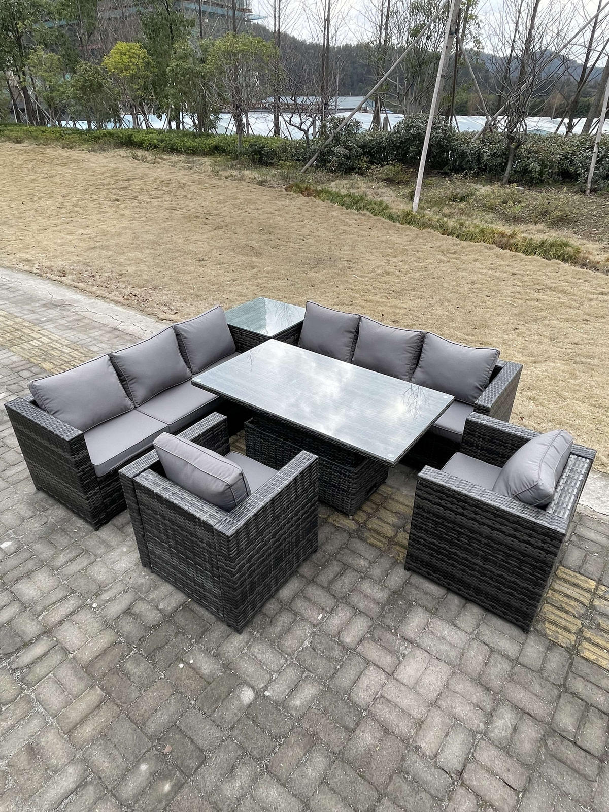 GARTENTISCHGRUPPE Polyrattan 8-Sitzer - Dunkelgrau/Grau, Glas/Kunststoff - Fimous