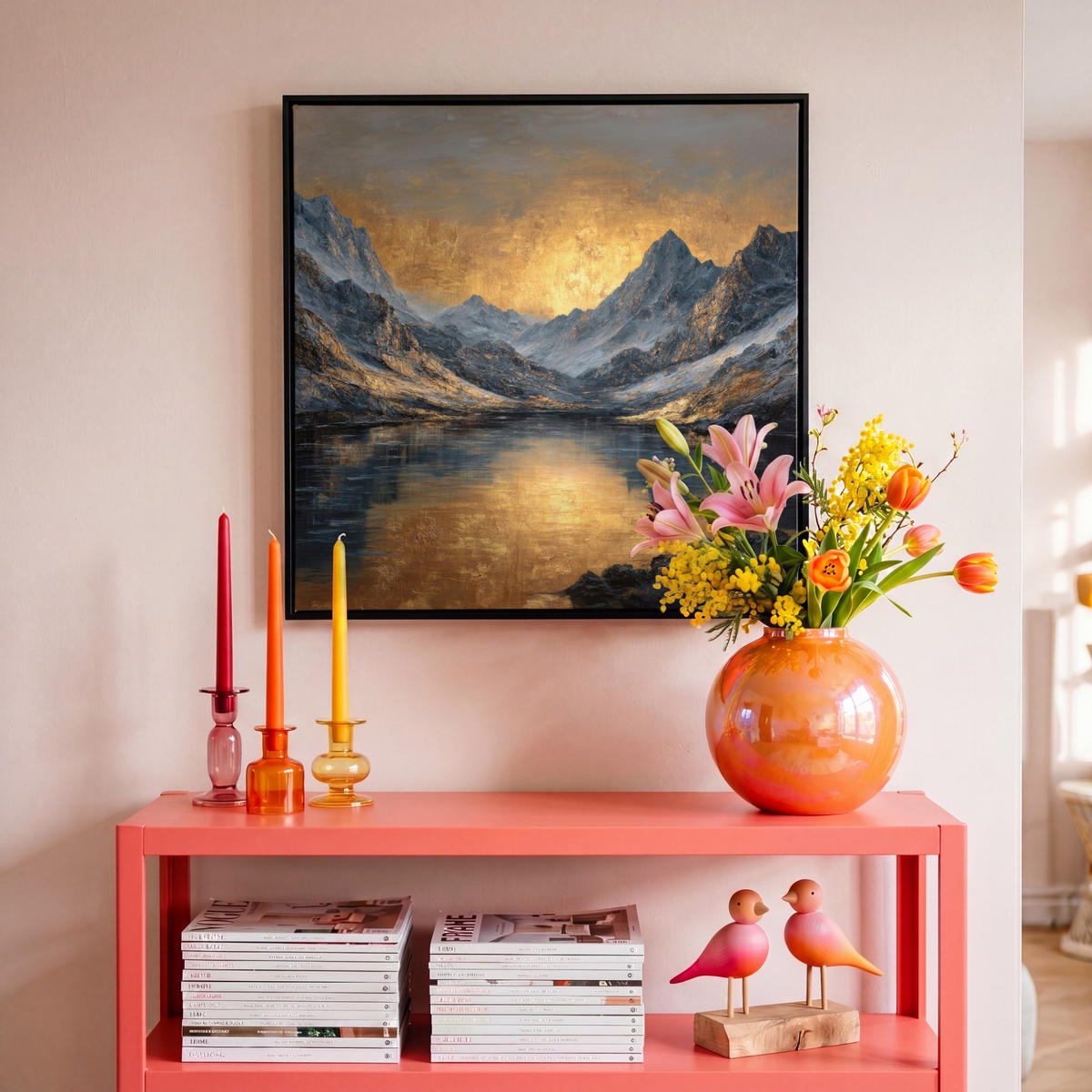 LEINWAND Bilder mit Rahmen - Bergkulisse mit goldenem Sonnenuntergang - 50x50 - Goldfarben, Textil (50/50cm) - MuchoWow