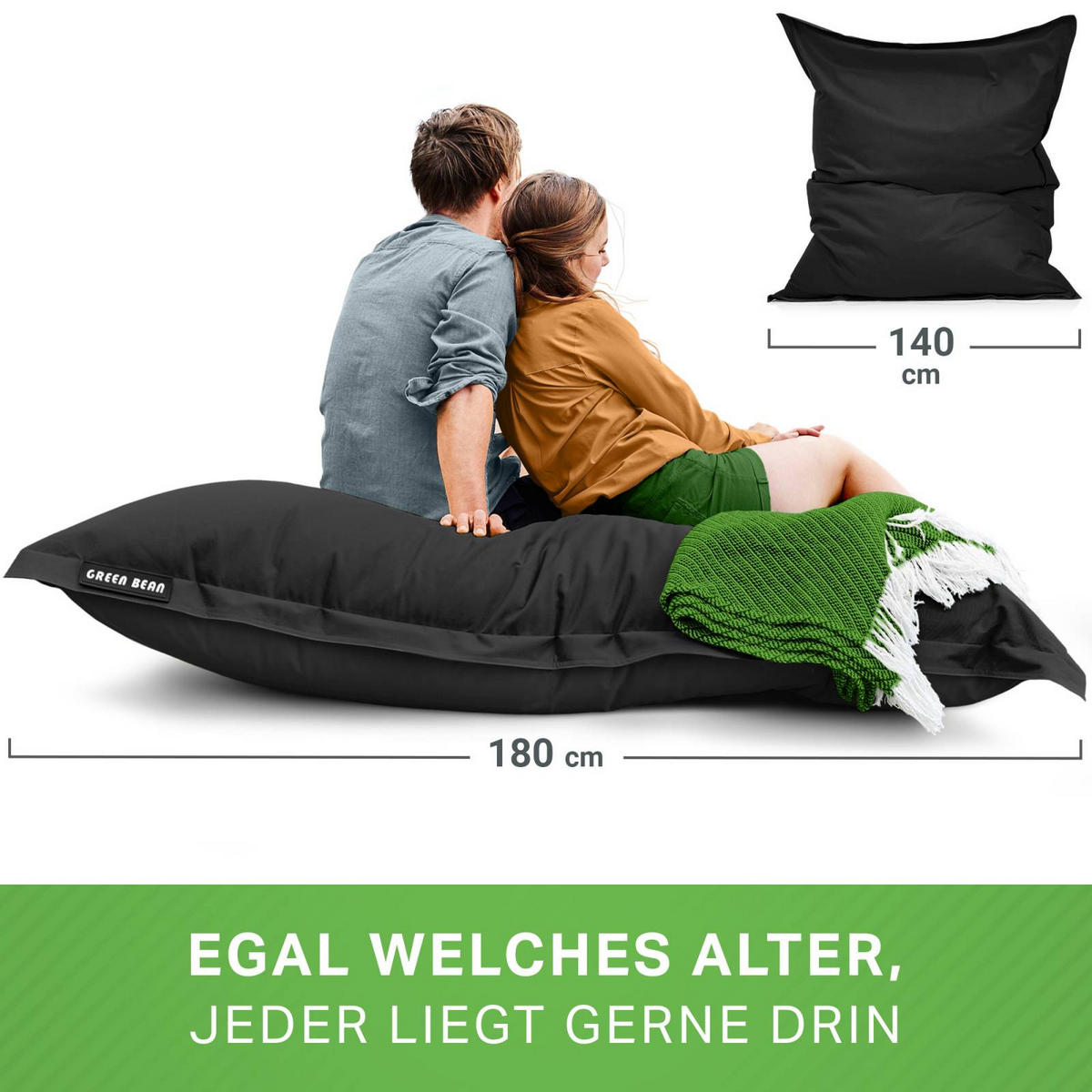 RIESEN-SITZSACK "Square" 120x160cm 270 L - Schwarz, Textil (120/25/160cm) - Green Bean