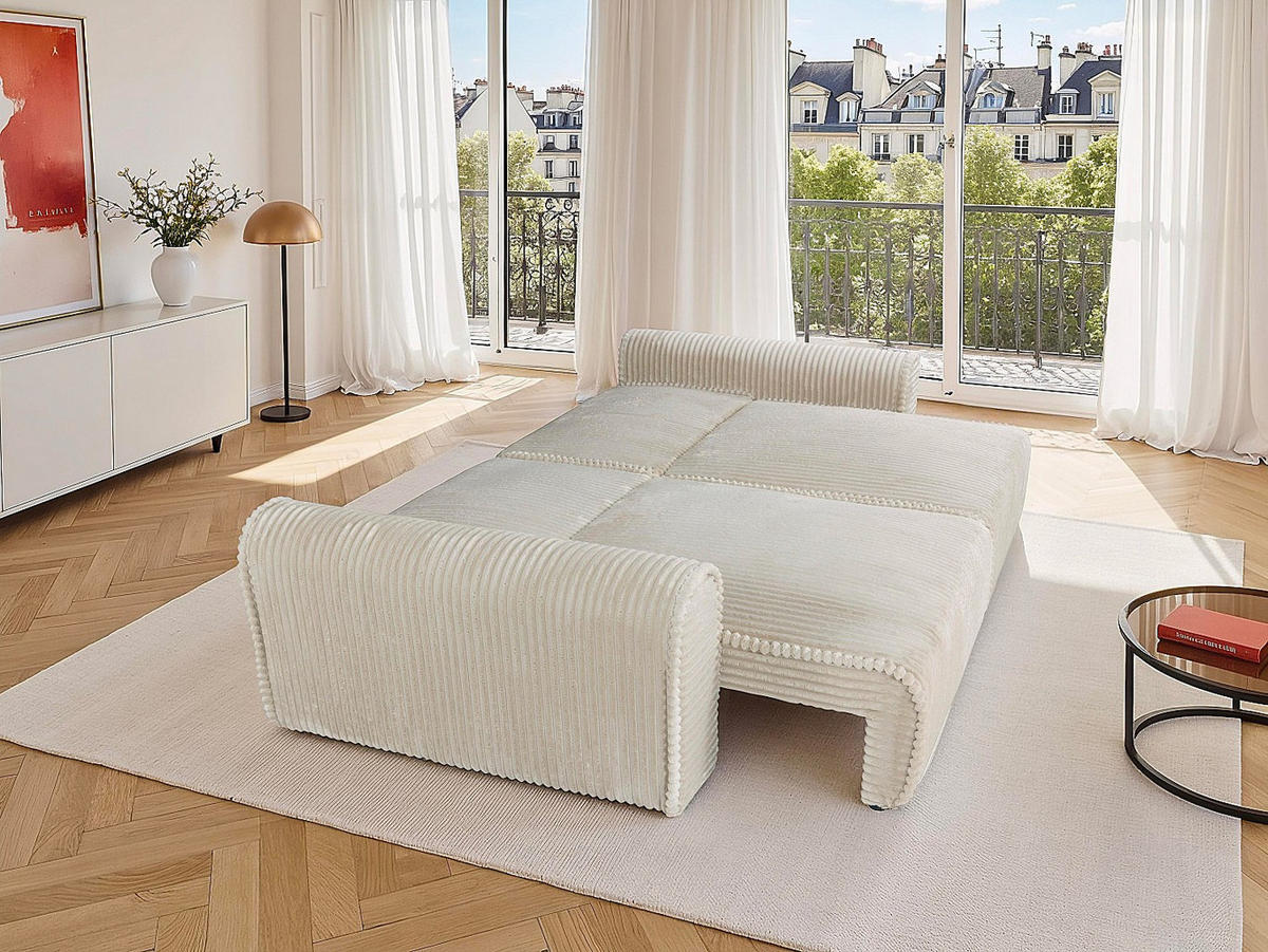 SOFA 4-Sitzer Schlafsofa Komfort - Cord Samt Beige - Tiefe Sitzfläche - TELARO - Beige, Textil (286/94/138cm) - Vente-Unique