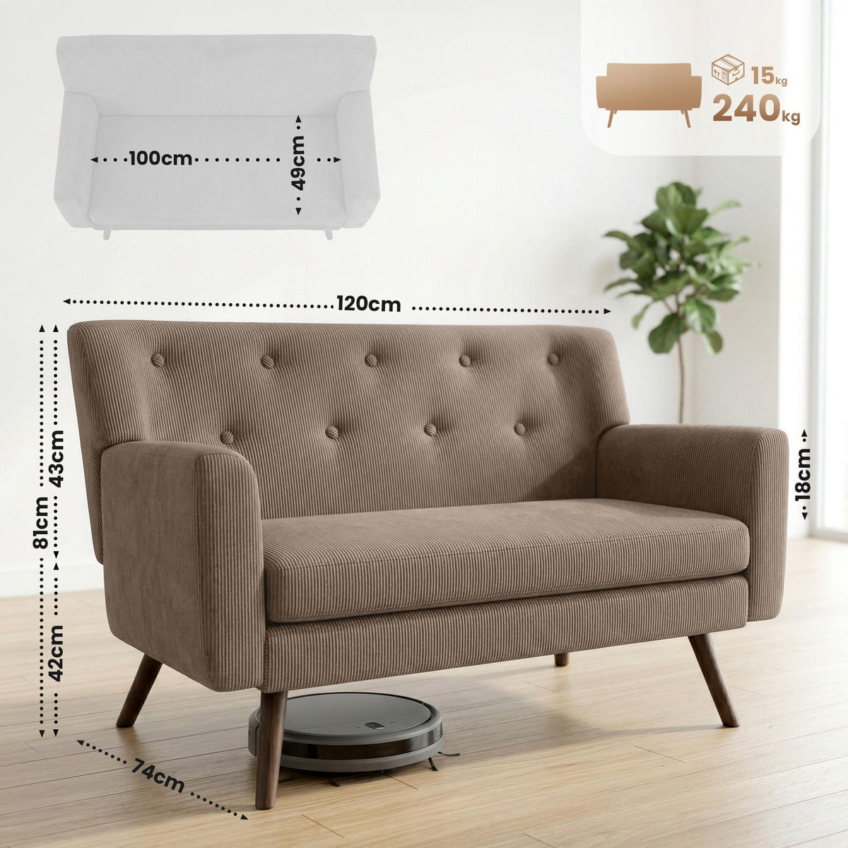 SOFA 120/74 cm Cord Taupe - Taupe/Braun, Textil (120/81/74cm) - CLP