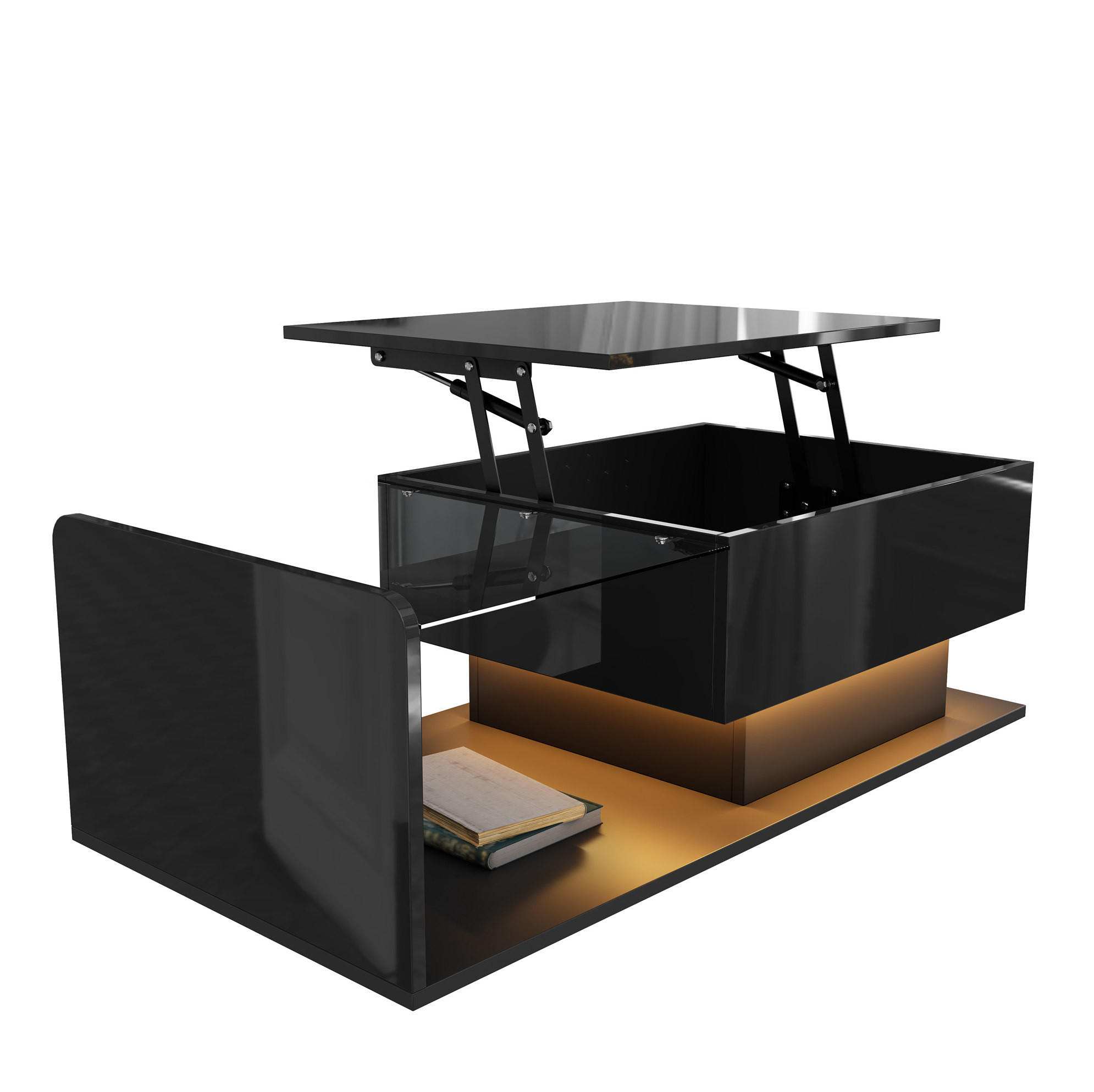 COUCHTISCH 100/50 cm Schwarz aus Spanplatte und Glas mit höhenverstellbarer Platte und LED - Schwarz, Holzwerkstoff (100/50/33cm) - OKMYHOME
