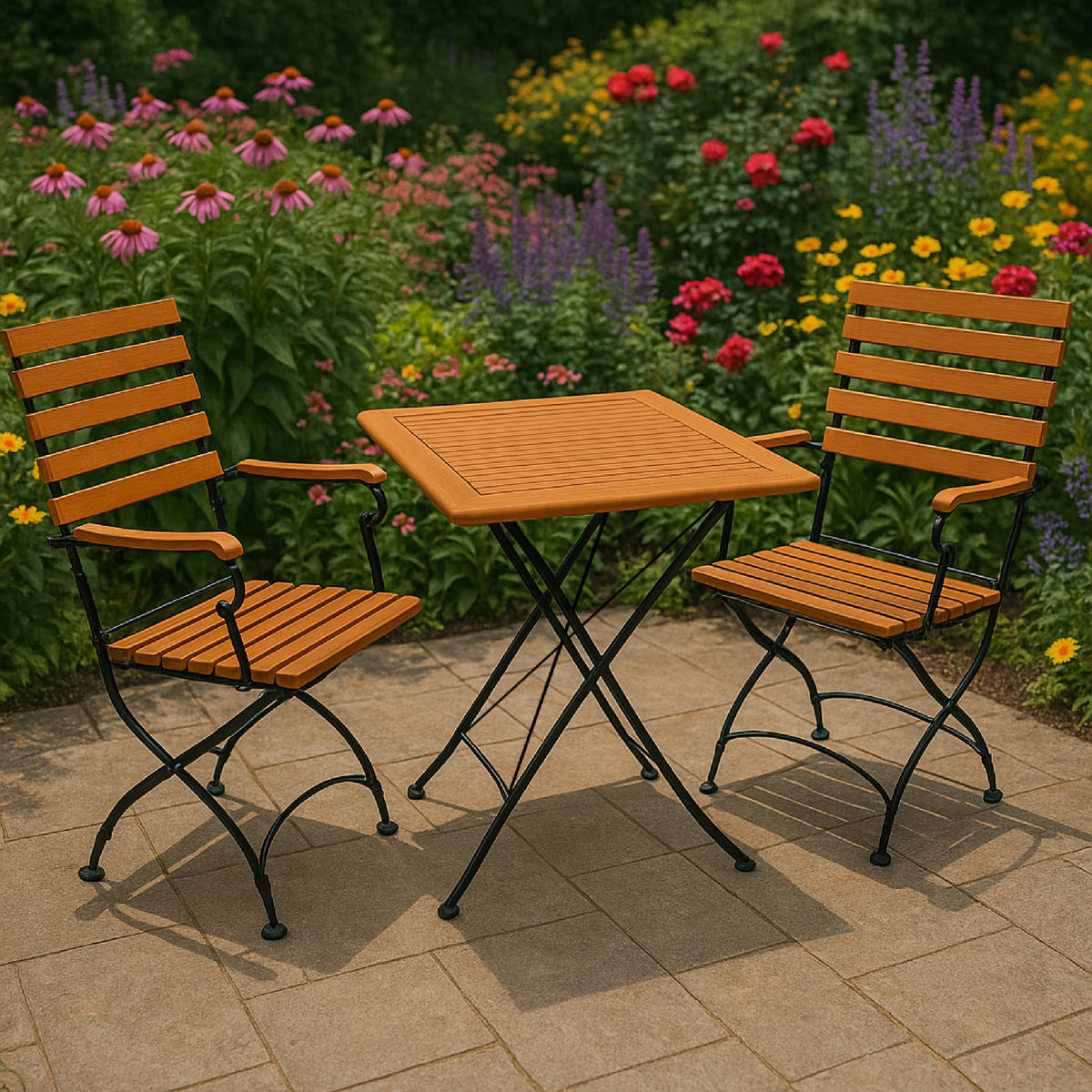GARTENESSGRUPPE Bad Belzig - 3-teilig (2x Armlehnensessel, 1x Tisch 75cm rund), Gestell Flachstahl schwarz, Latten Eukalyptusholz, - Schwarz, Metall - TPFGarden