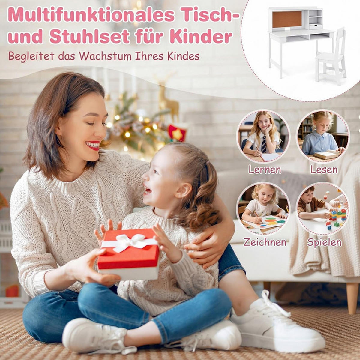 KINDERSCHREIBTISCH-SET aus Holz weiß(2-tlg) - Weiß, Holzwerkstoff (110/110/60cm) - COSTWAY
