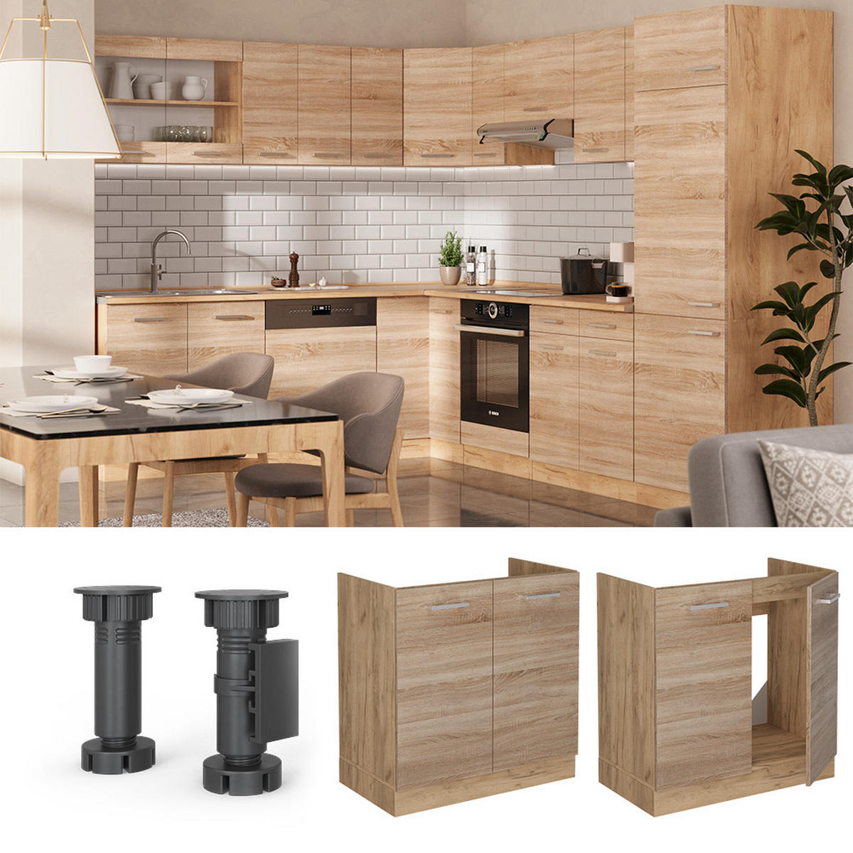 SPÜLENUNTERSCHRANK R-Line Sonoma 80 cm ohne Arbeitsplatte - Honigeiche/Eiche Wotan, Holzwerkstoff (80/81.6/46cm) - Vicco