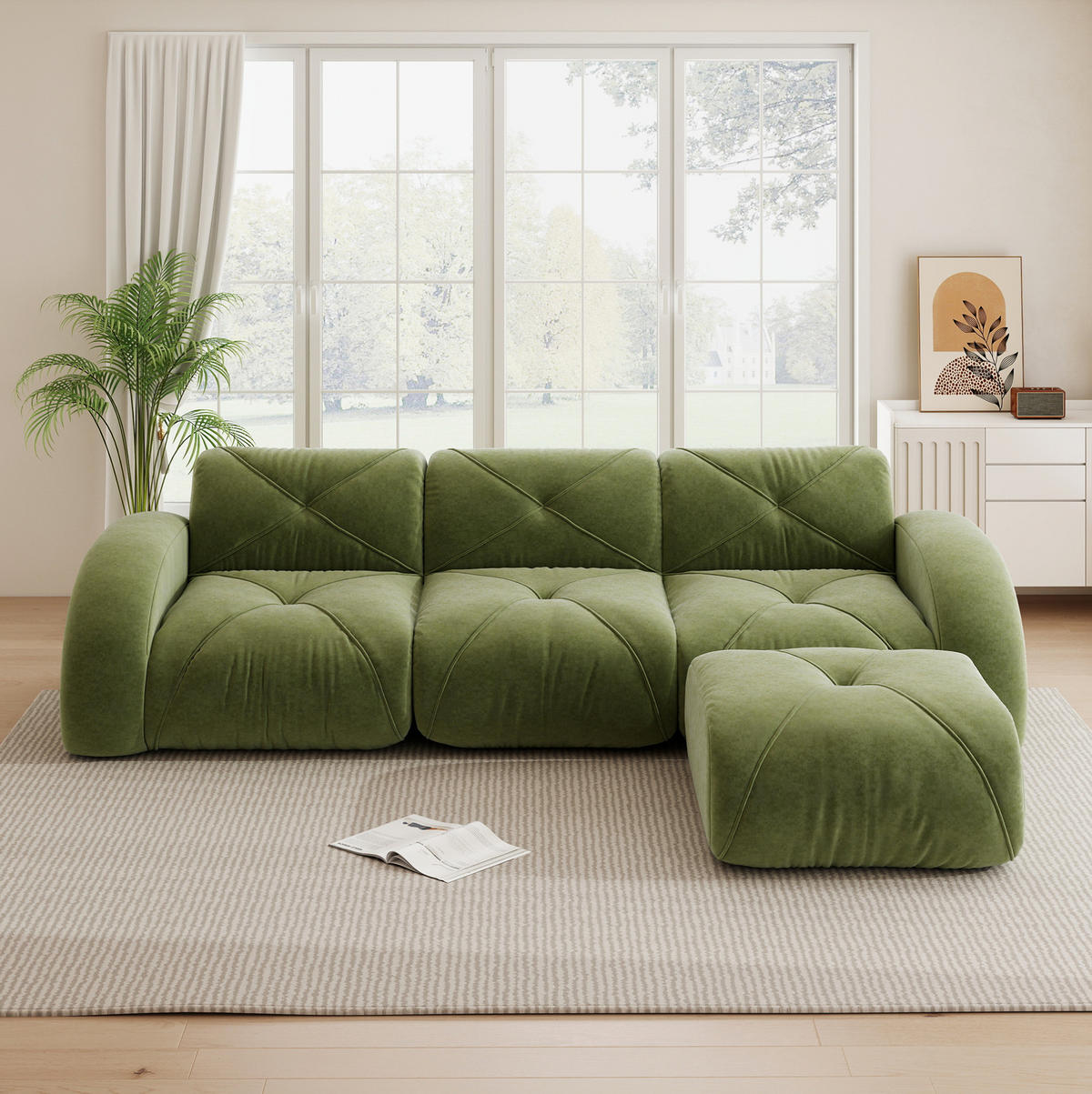 3-STIZER Sofa mit Hocker, flexibles Lounge-Design und 32D-Schaumstoff, Grün - Grün, Textil (281/76/171cm) - Redom