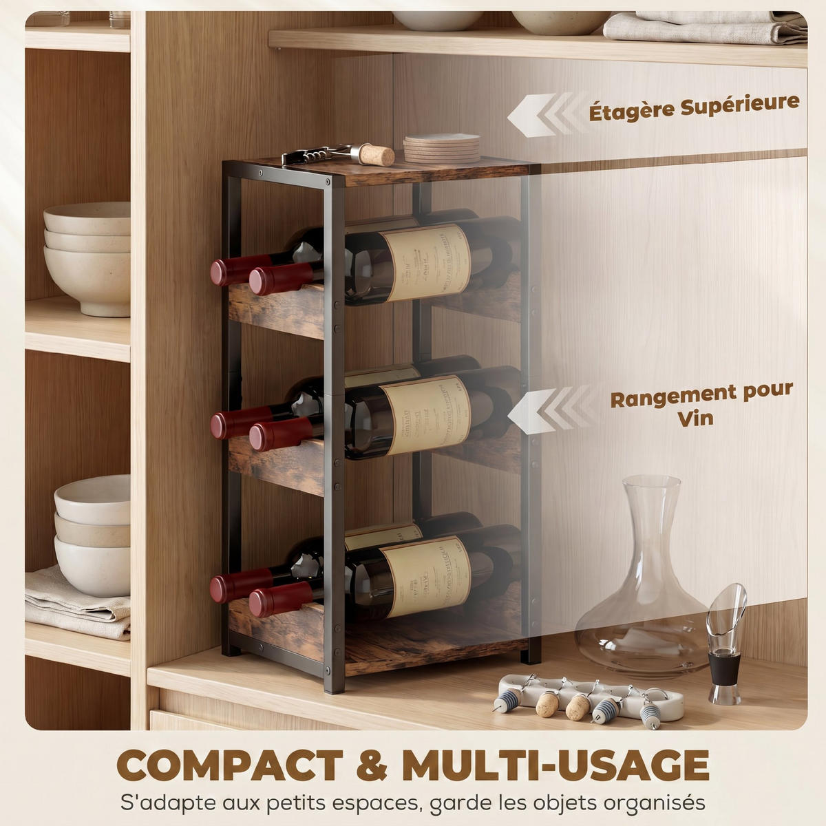 WEINREGAL, 6 Flaschen, gewellte Ablagen, rustikal braun, 22x24x49,2cm - Multicolor, Metall (24/49.2/22cm) - FORIOUS