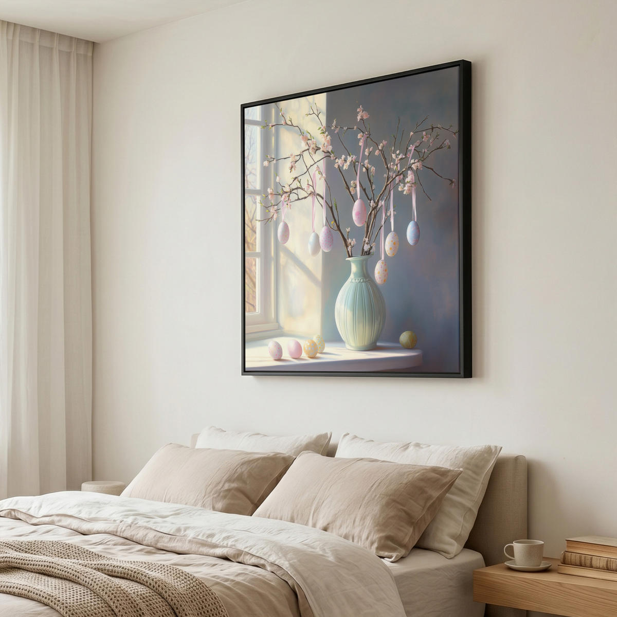 LEINWAND Bilder mit Rahmen - Stillleben - Vase - Osterzweig - 90x90 - Hellblau, Textil (90/90cm) - MuchoWow