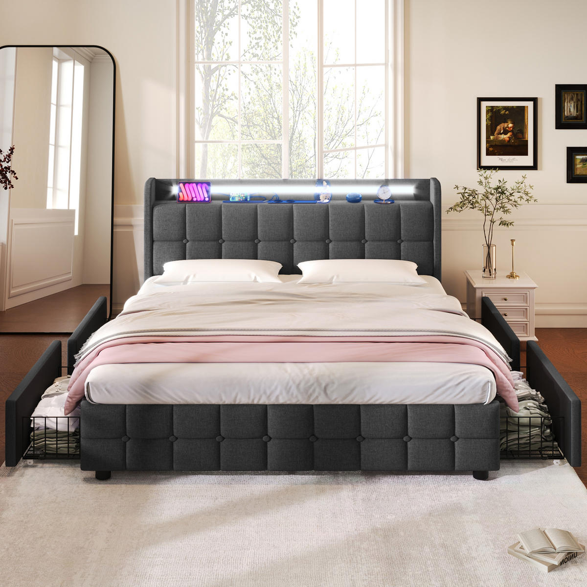 POLSTERBETT 180/200 cm mit LED-Beleuchtung, USB-Anschlüssen, Steckdosen und 4 Schubladen, Grau - Grau, Holz - Redom