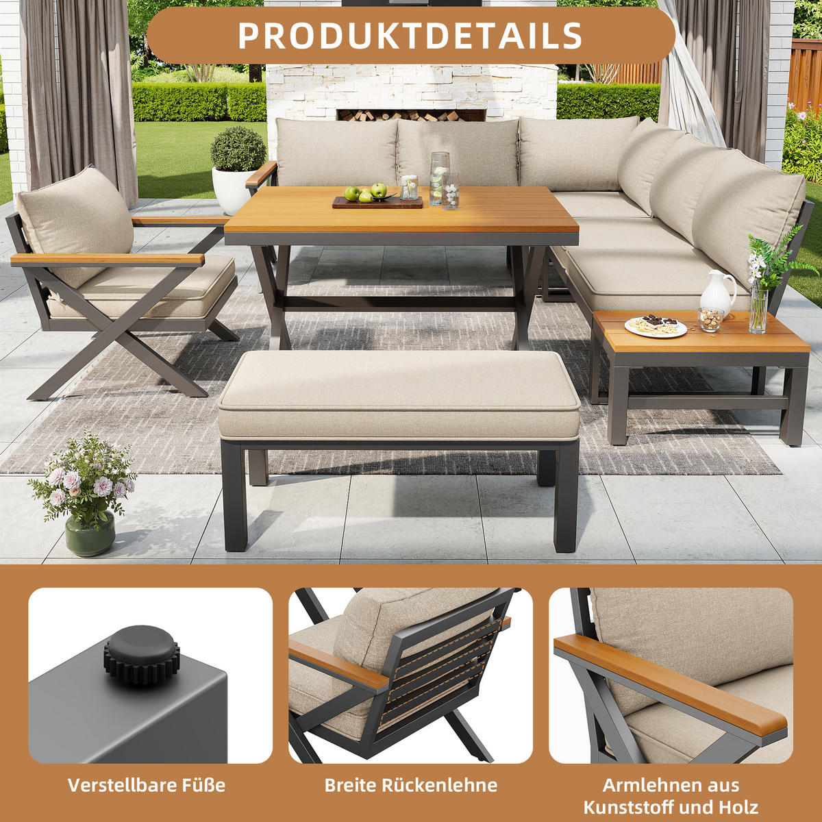 LOUNGEGARNITUR-DESIGN Grau/Beige - Beige, Metall - ComfortXL