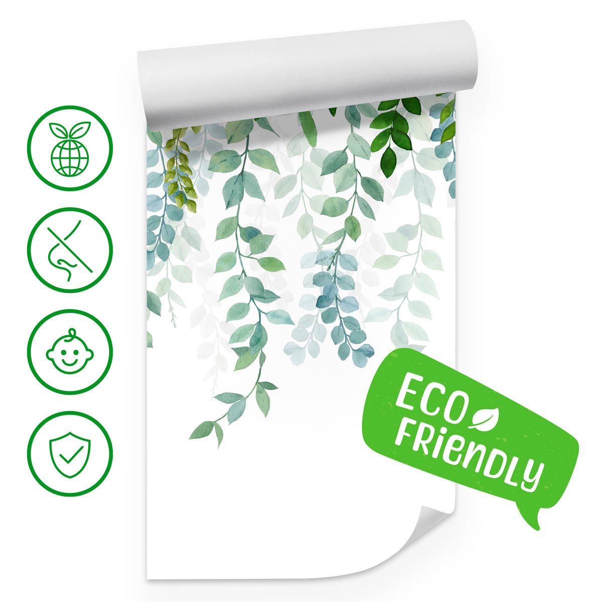 FOTOTAPETE für Schlafzimmer Zarte Ranken Blätter Kletterpflanzen Natur 150x105 - Weiß/Grün, Papier (150/105cm) - Muralo
