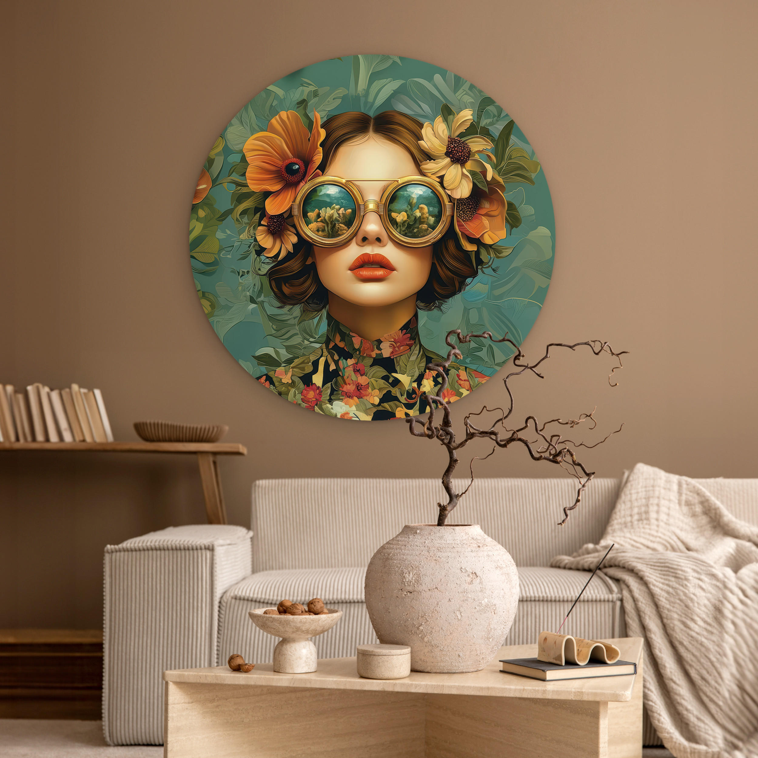 WANDBILD Frau - Blumen - Schmetterlinge - Natur - Vintage 90x90 cm - Petrol, Kunststoff (90/90cm) - MuchoWow