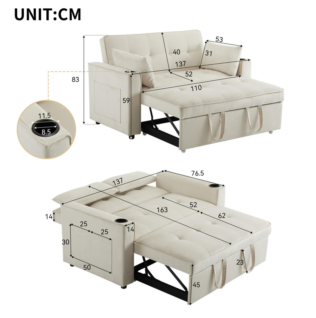 SCHLAFSOFA Multifunktion mit Getränkehalter und 2 Kissen Samt Beige 137/76,5/83 cm - Beige, Textil (137/83/76.5cm) - OKWISH