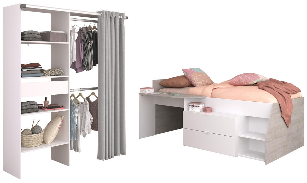KINDERZIMMER weiß, grau 2-teilig, Jugendzimmer-Set Stauraumbett und Kleiderschrank - Schwarz/Weiß, Holzwerkstoff/Kunststoff (143/182/135cm) - Parisot Meuble