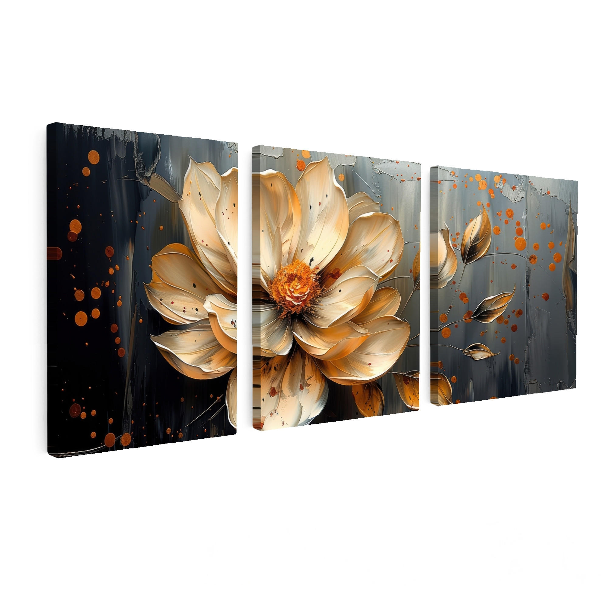 LEINWANDBILD 3er Set Blume - Gold - Abstrakt - Farbe 180x80 cm - Creme, Textil (180/80cm) - MuchoWow