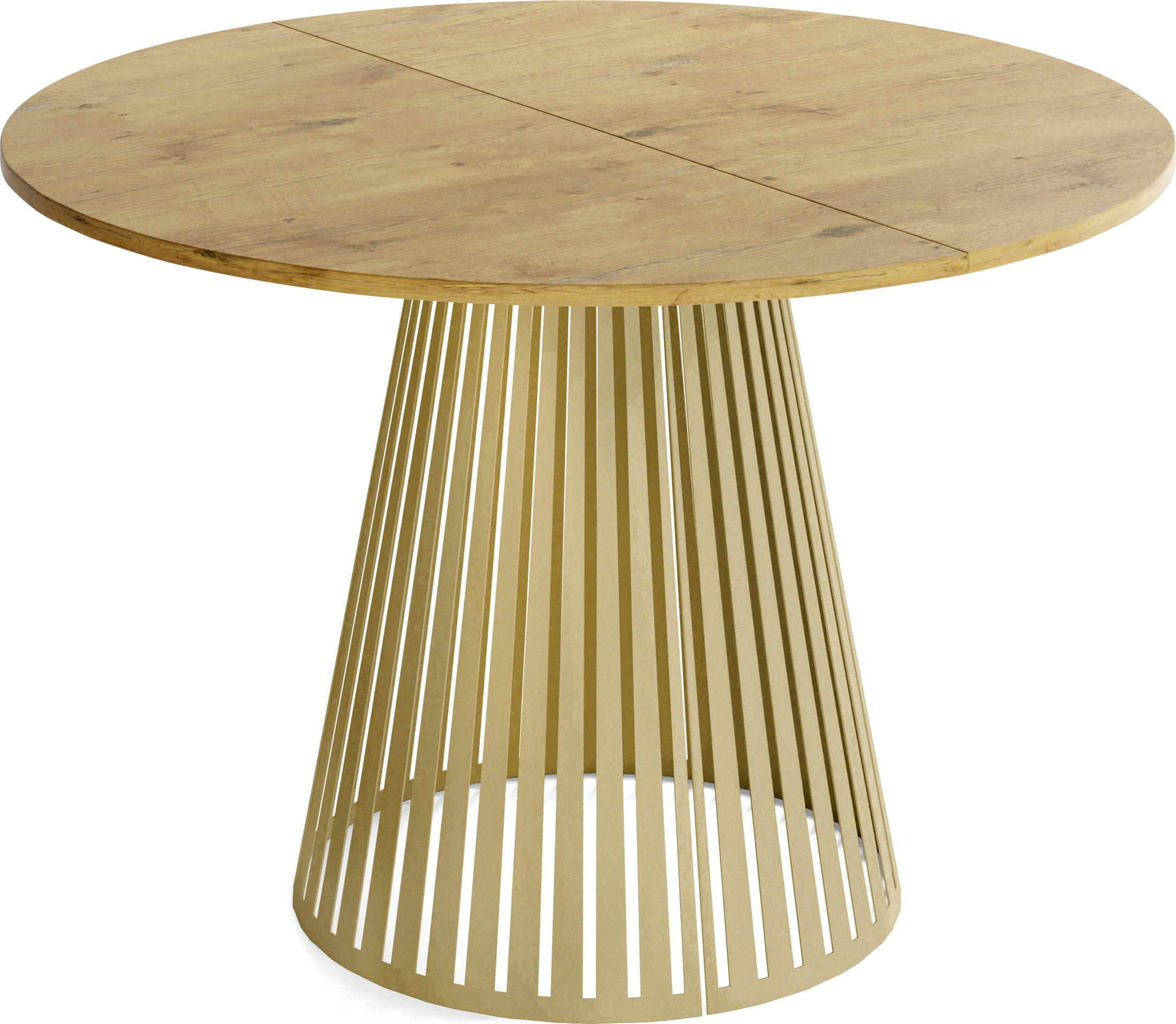 ESSTISCH Naro rund ausziehbar mit Goldenem Lamellen-Metallgestell, Braun 100-180/100/76 cm - Eichefarben/Goldfarben, Holzwerkstoff/Metall (100/100/76cm) - WFL GROUP