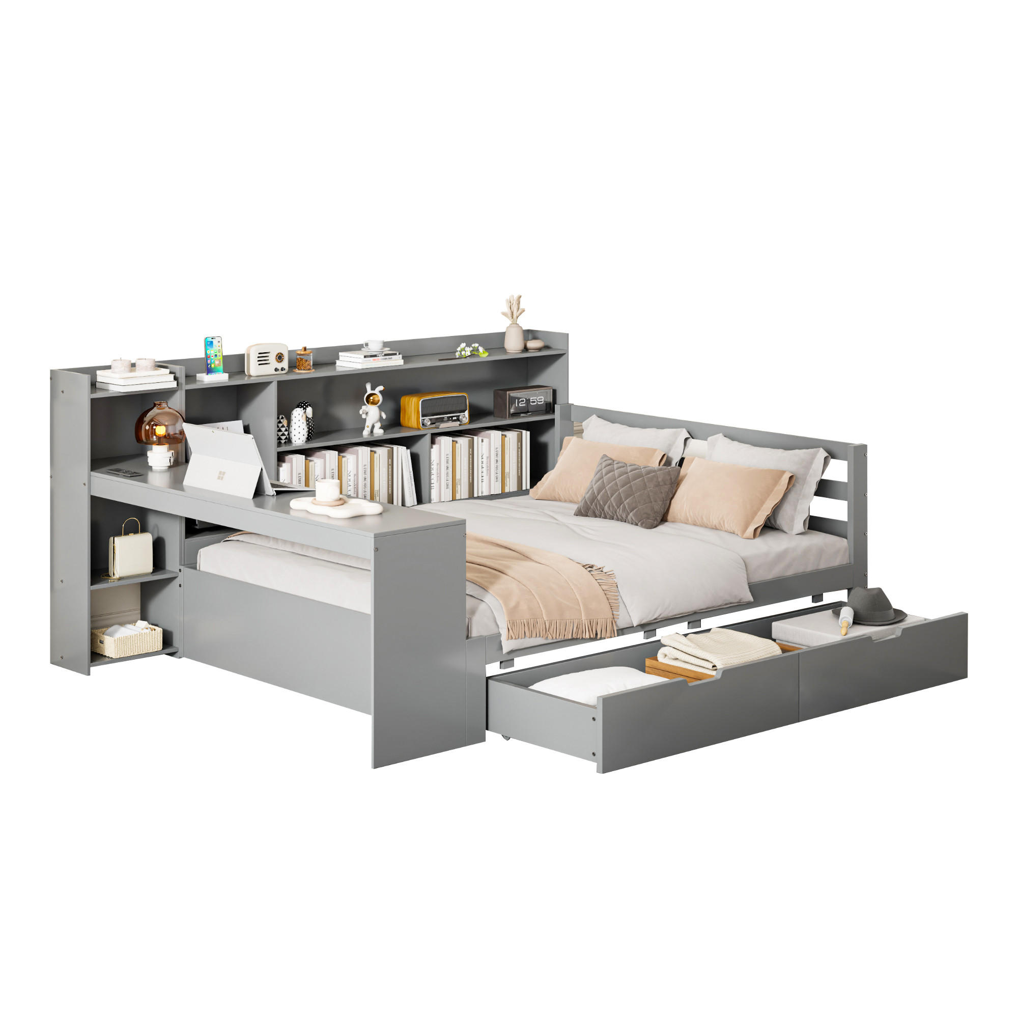 BETT aus Massivholz 140/200 cm mit Schreibtisch und Regalen grau - Grau, Holz (140/200cm) - OKWISH