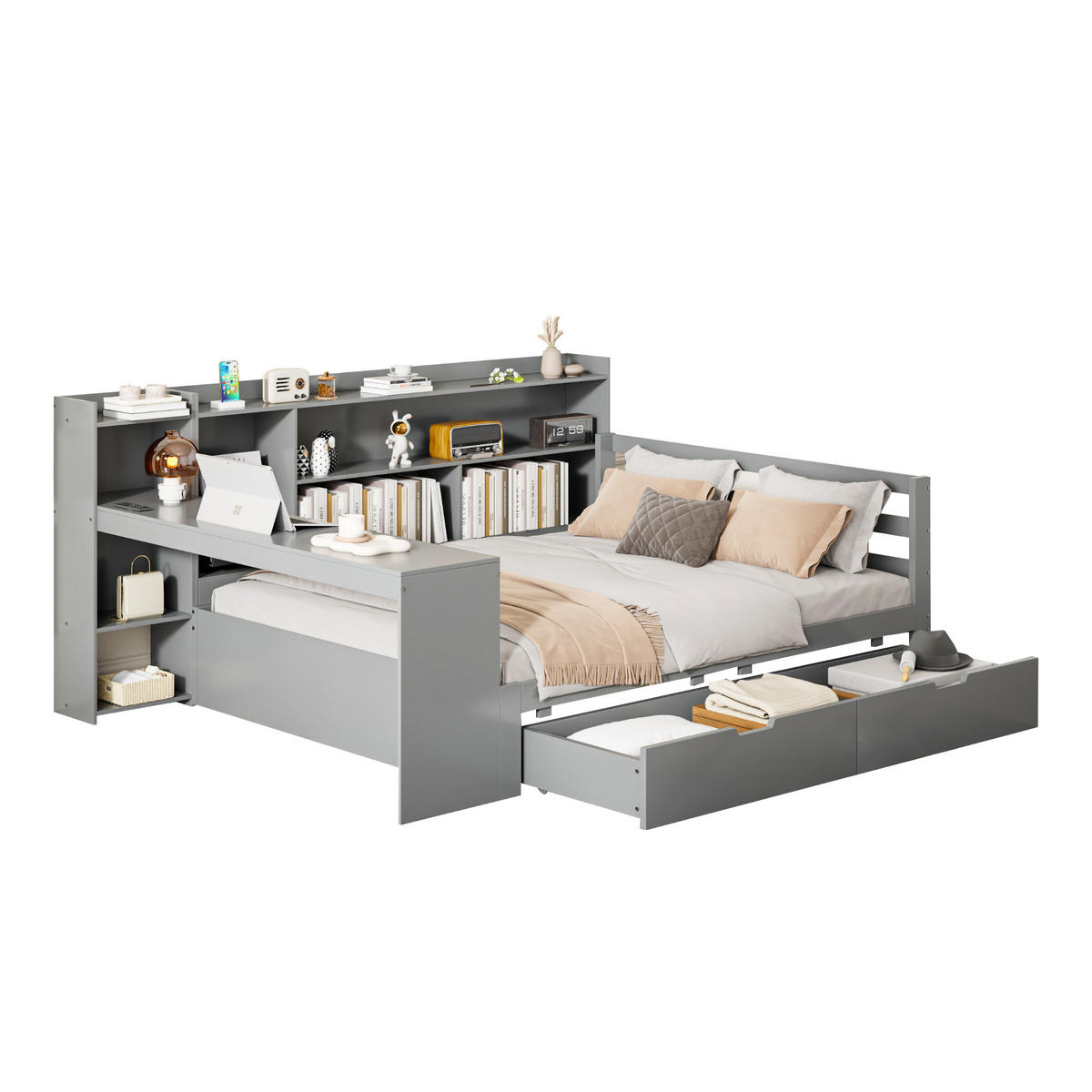 BETT aus Massivholz 140/200 cm mit Schreibtisch und Regalen grau - Grau, Holz (140/200cm) - OKWISH