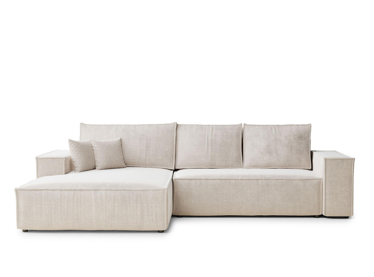 ECKSOFA Maze Creme Chenille-Stoff - Links Seite - Creme/Schwarz, Holz/Holzwerkstoff (185/294cm) - Maison de Reve