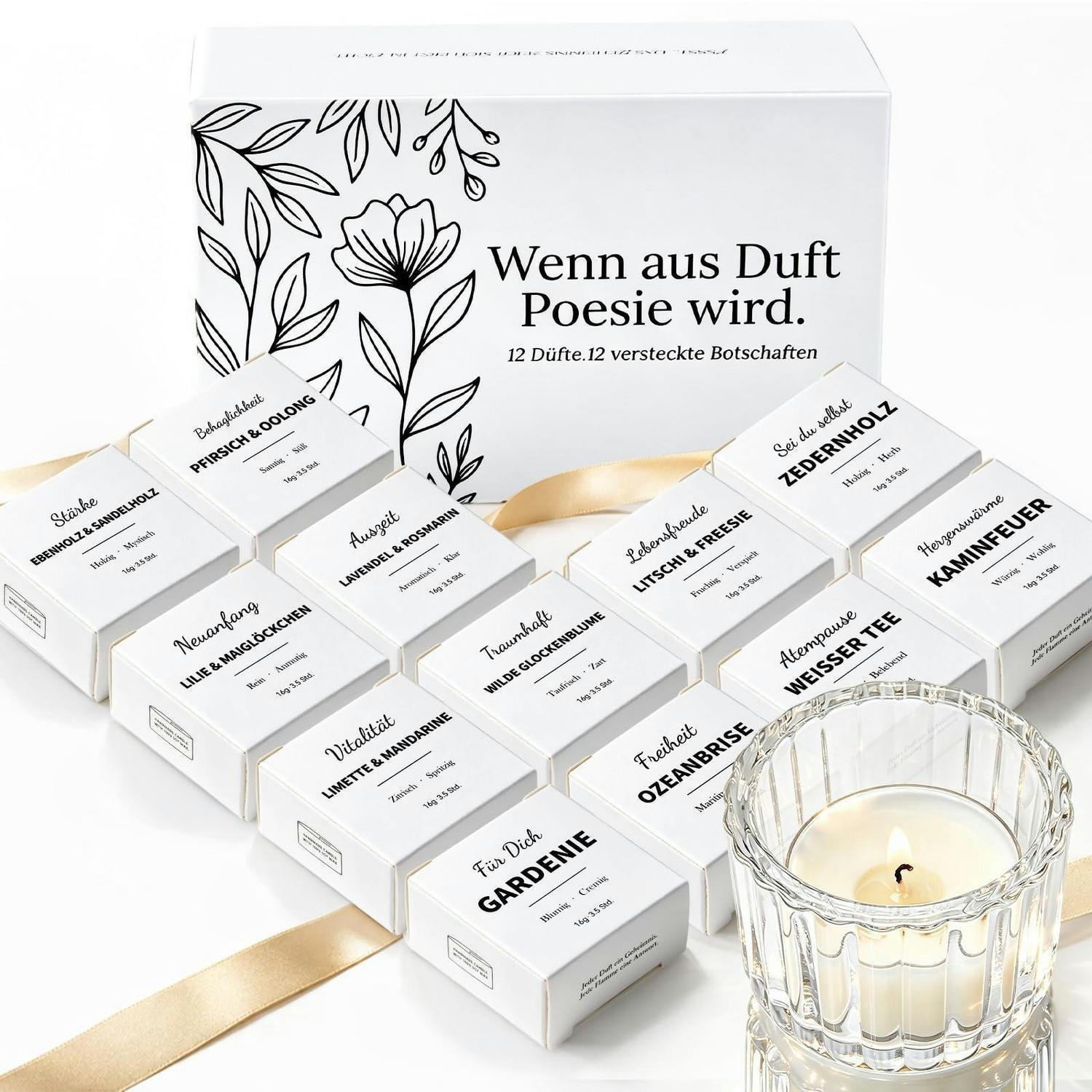 DUFTKERZEN Set 12 Stück mit versteckter Botschaft - Multicolor, Paraffin (5cm)