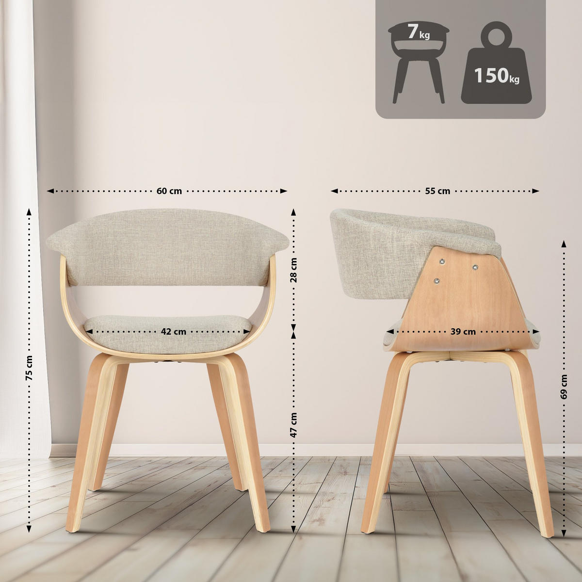 STUHL Stoff Creme - Eukalyptusholzfarben/Creme, Holz/Textil (60/75/55cm) - CLP