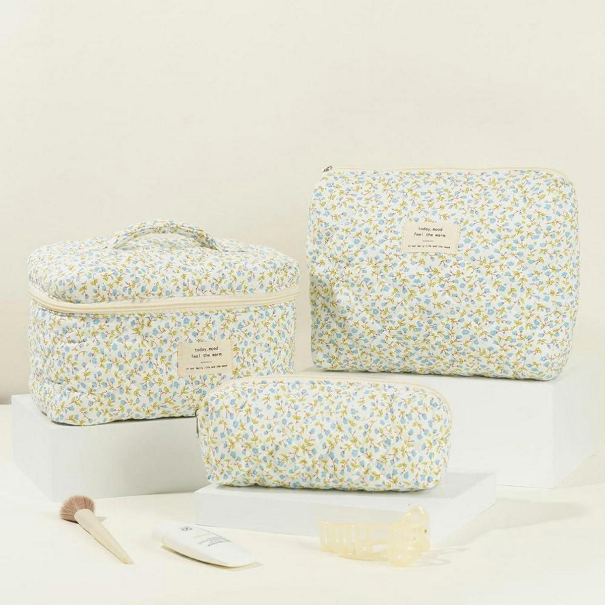 KULTURBEUTEL 3-teiliges Set Blumenmuster Blau - Multicolor, Textil (16/16/25cm)