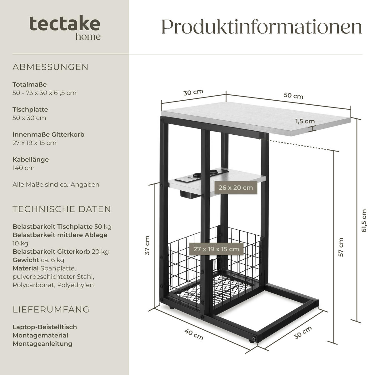 LAPTOP-BEISTELLTISCH Rhea,50 - 73 x 30 x 61,5 cm,weiß - Weiß, Metall (73/30/62.5cm) - tectake