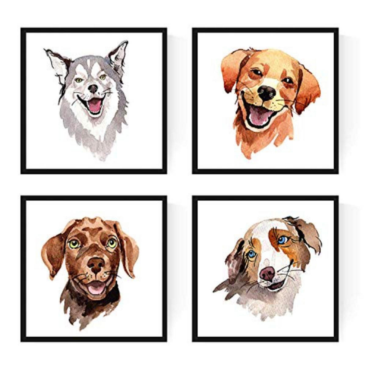 POSTER Set mit 4 Hundebildern 20x20cm Schwarzer Rahmen - Schwarz, Papier (20/3cm) - Nacnic