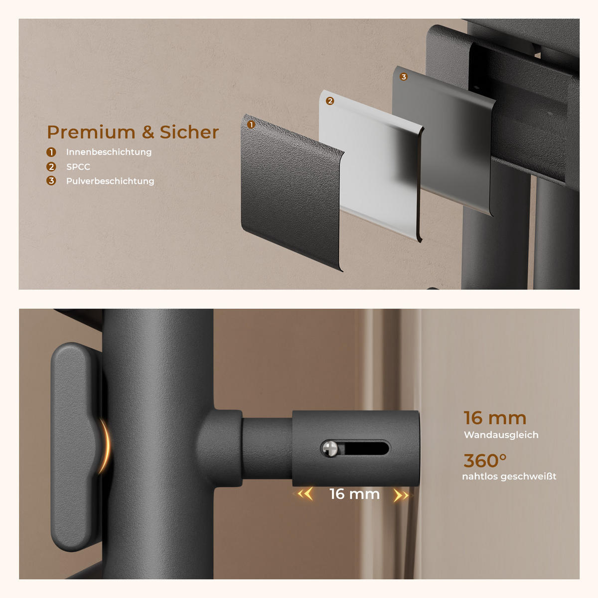 HANDTUCHHEIZKÖRPER 132/50 cm anthrazit elektrisch 800 W mit WLAN-Thermostat - Anthrazit, Metall (50/132/5.9cm) - S'AFIELINA