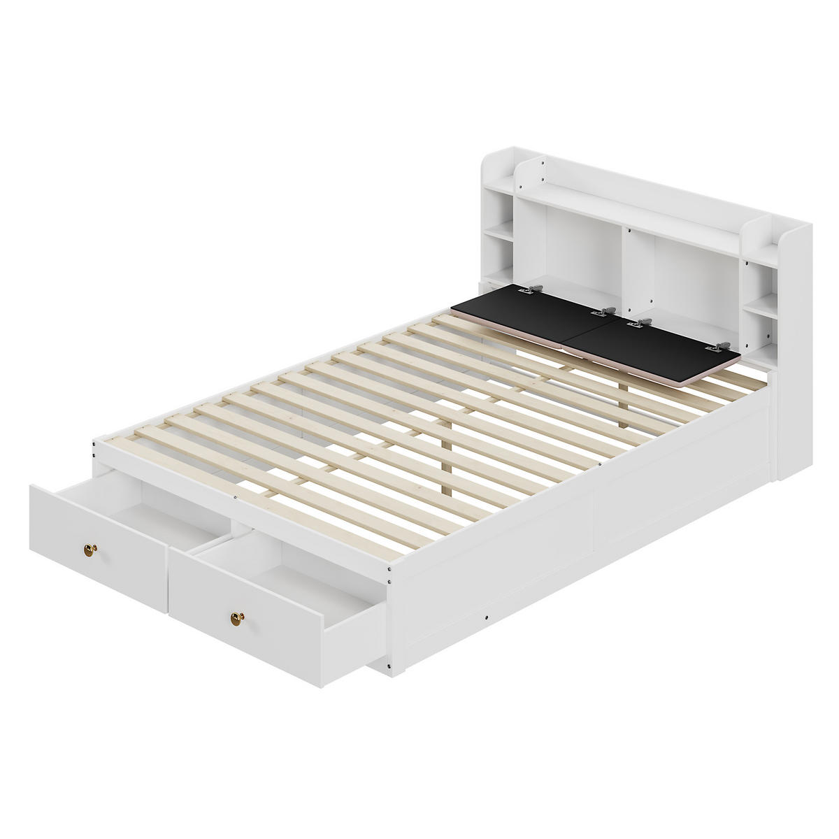 KOMBIBETT Massivholz 140/200 cm weiß mit Kopfteil und Stauraum-Sideboard - Weiß, Holz (140/200cm) - OKWISH