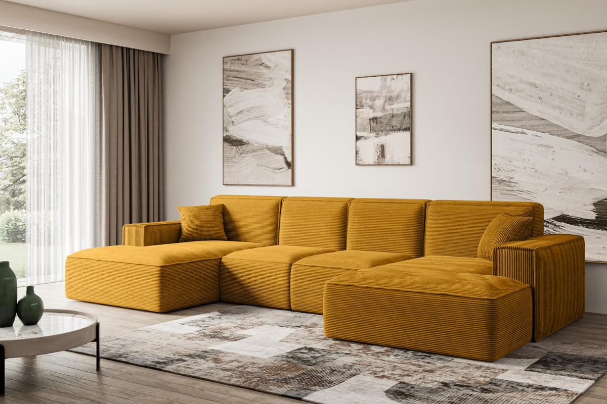 WOHNLANDSCHAFT SIERRA-U - 344x165x73 cm Senfgelb Cord - Gelb/Schwarz, Holzwerkstoff/Kunststoff (344/73/165cm) - ALTDECOR