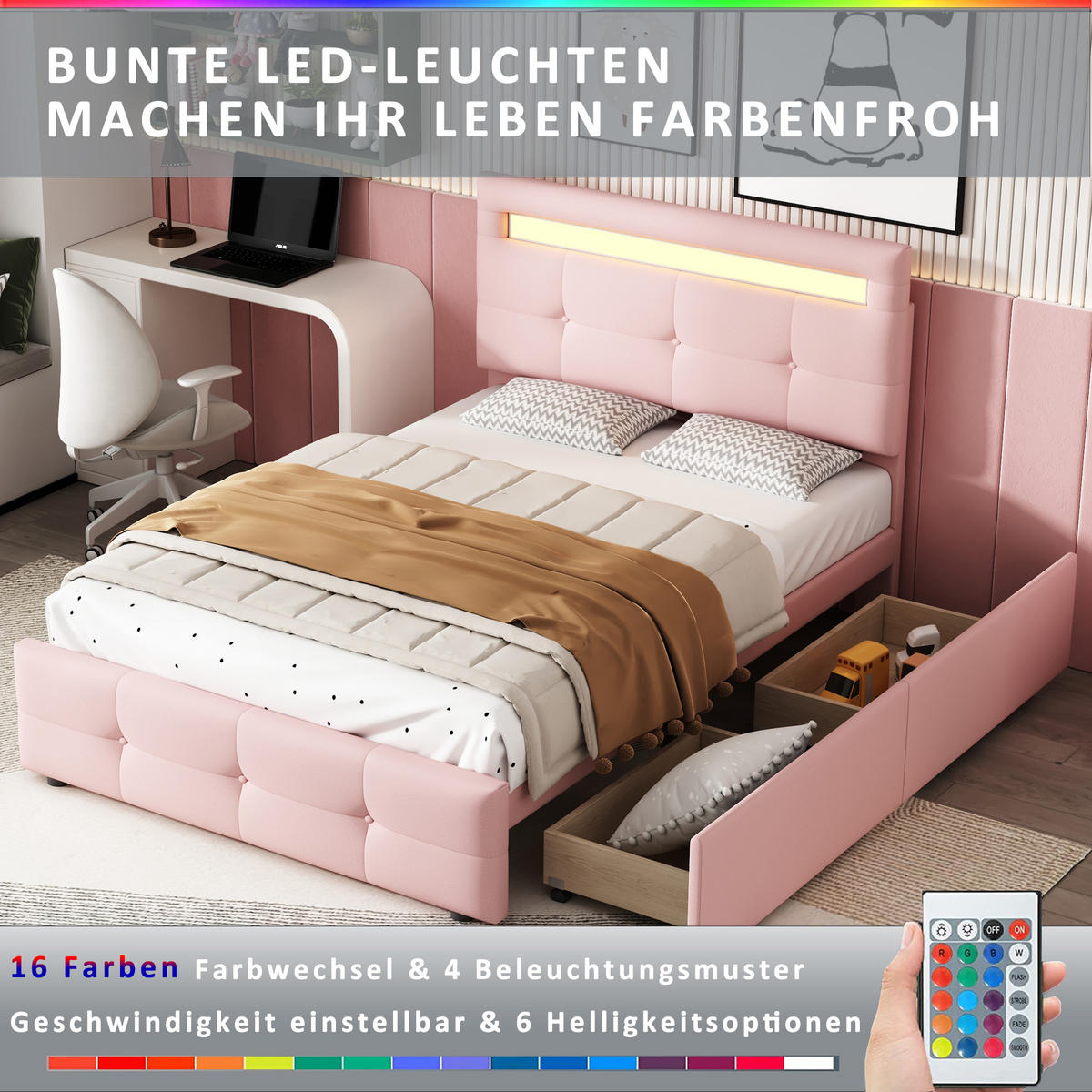 POLSTERBETT 90/200 cm Rosa mit LED-Beleuchtung und 2 Schubladen - Rosa, Textil (90/200cm) - Oxeza