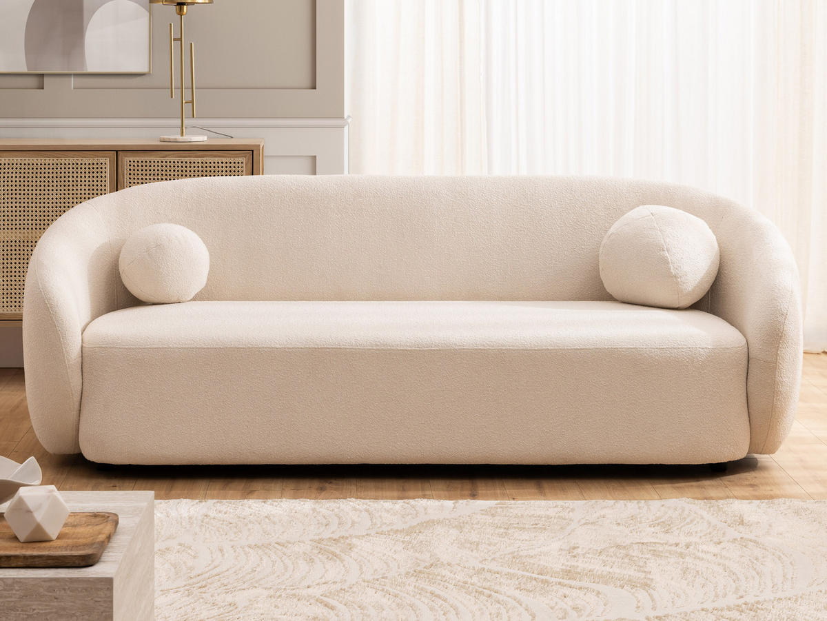 SITZGARNITUR 3+2+1 Roundi Cremeweiß Bouclé - Creme/Schwarz, Holz/Kunststoff (208/76/80cm) - S-Style Möbel