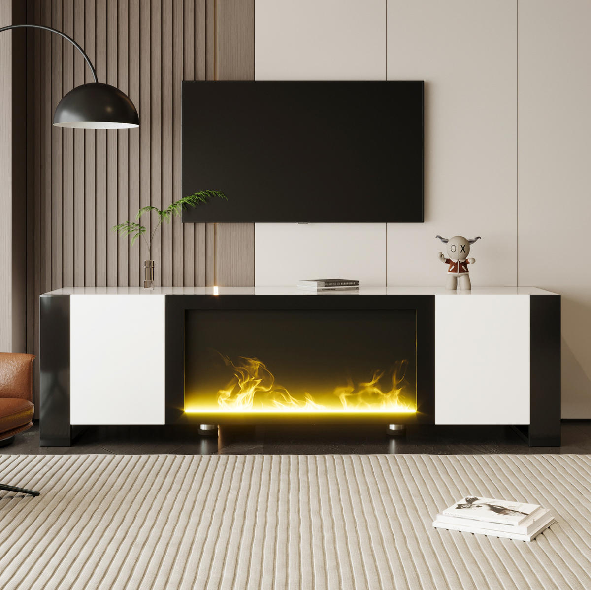TV ormarić 165/32/55 cm bijelo-crni od iverice s električnim kaminom i visokim sjajem - crna, drvni materijal (165/55/32cm) - OKWISH