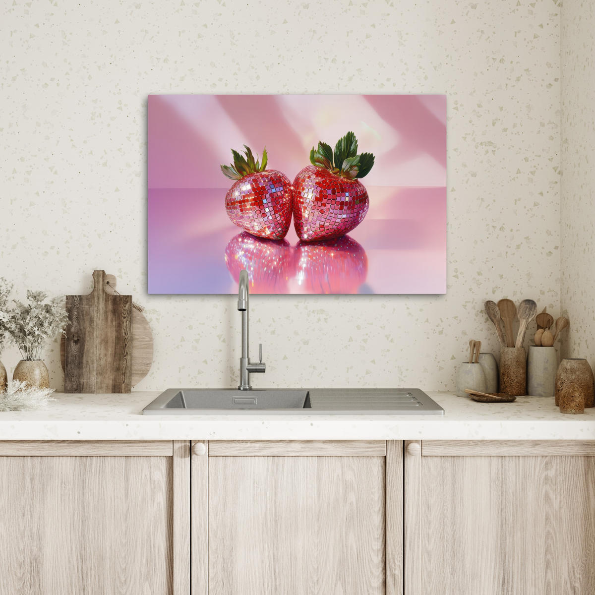 LEINWANDBILD Disco - Obst - Glitzer - Erdbeere Gemälde 60x40 cm - Pink, Textil (60/40cm) - MuchoWow