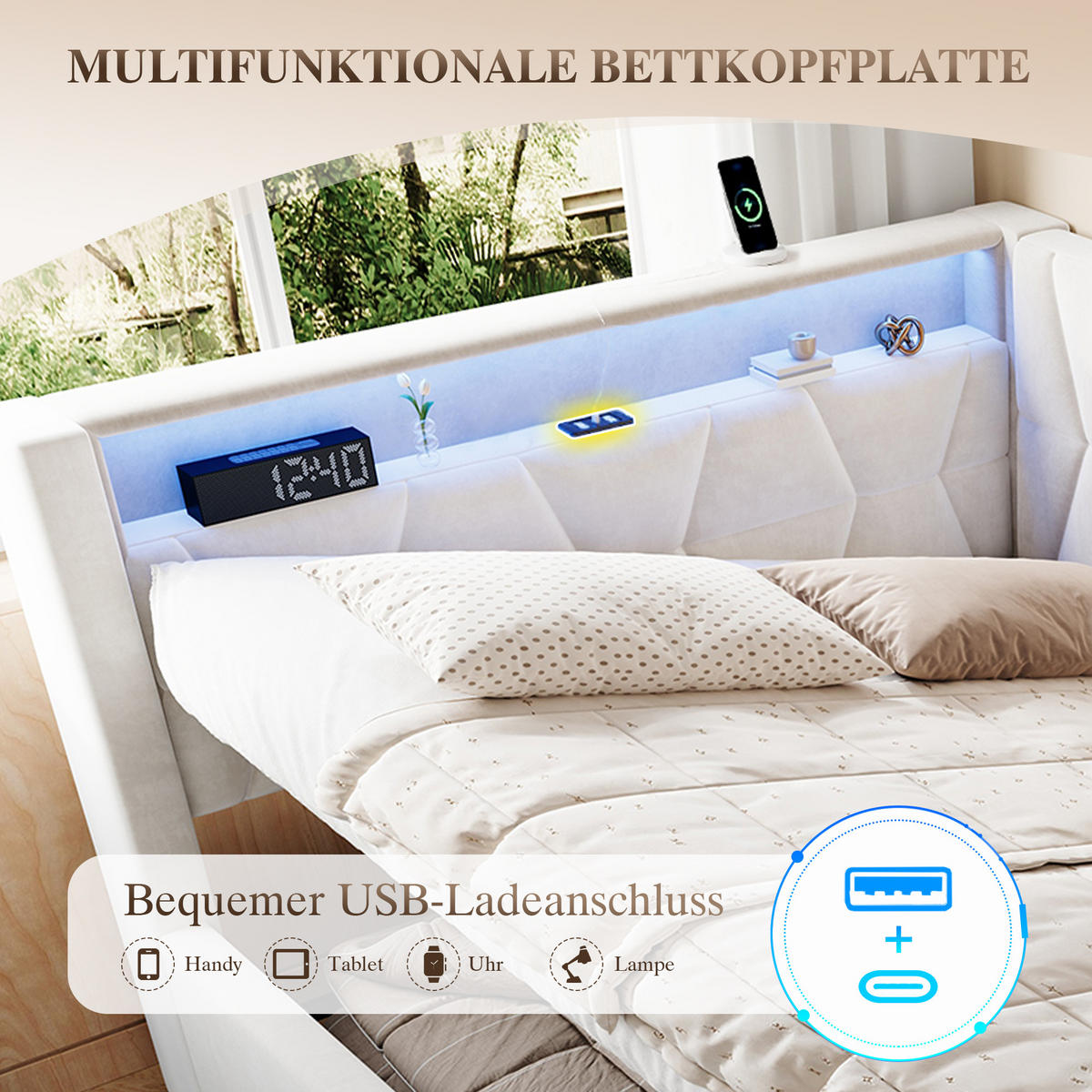 BOXBETT 140/200cm, LED/USB-C, Bettkasten, Lattenrost, Beige - Beige, Holz/Metall (140/200cm) - LVHOM
