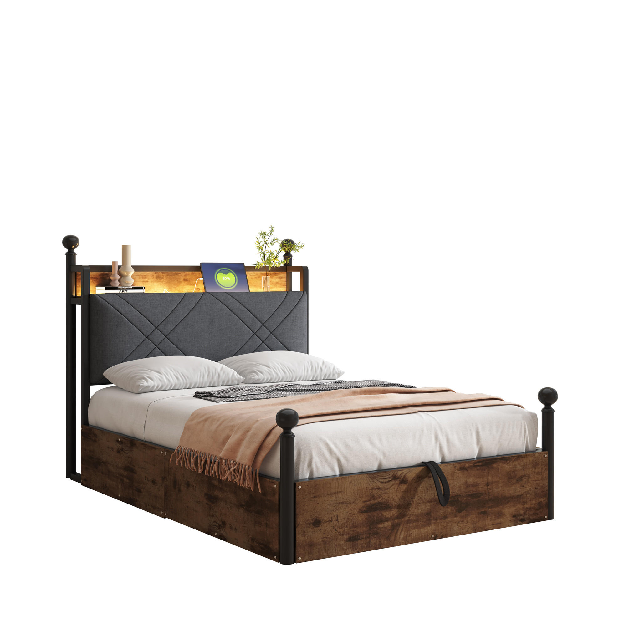 OKWISH POSTEL s nebesy 90/190 cm černá z kovu s úložným prostorem LED a USB/Type-C