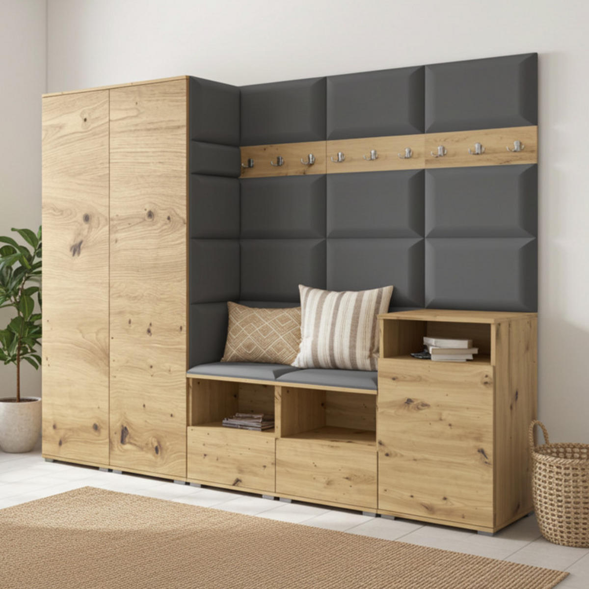 GARDEROBE NELA VIII 250 cm (Modulare Flurmöbel Artisan Eiche mit Sitzpolster Dunkelgrau 15 2 Schränke + Sideboard) - Dunkelgrau/Silberfarben, Holz/Holzwerkstoff (250/187/40cm) - Ravio