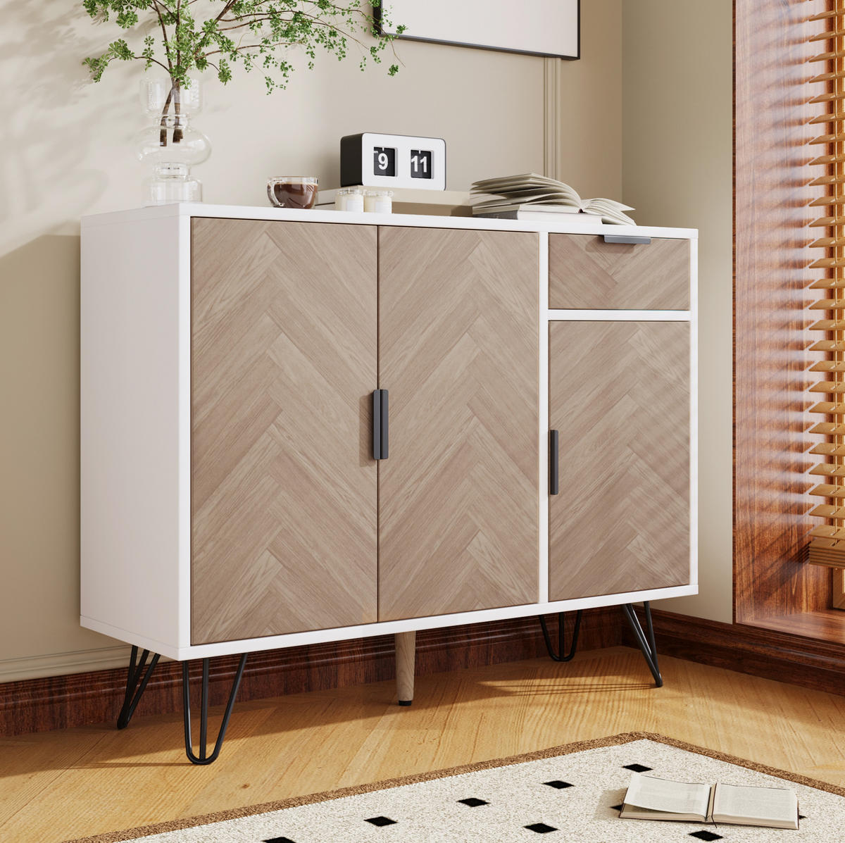 SIDEBOARD aus MDF/Spanplatte in Weiß und Holzoptik, mit Schublade, 90/30/71,5 cm, Weiß und Holzoptik - Naturfarben, Holzwerkstoff (30/71.5/90cm) - Redom