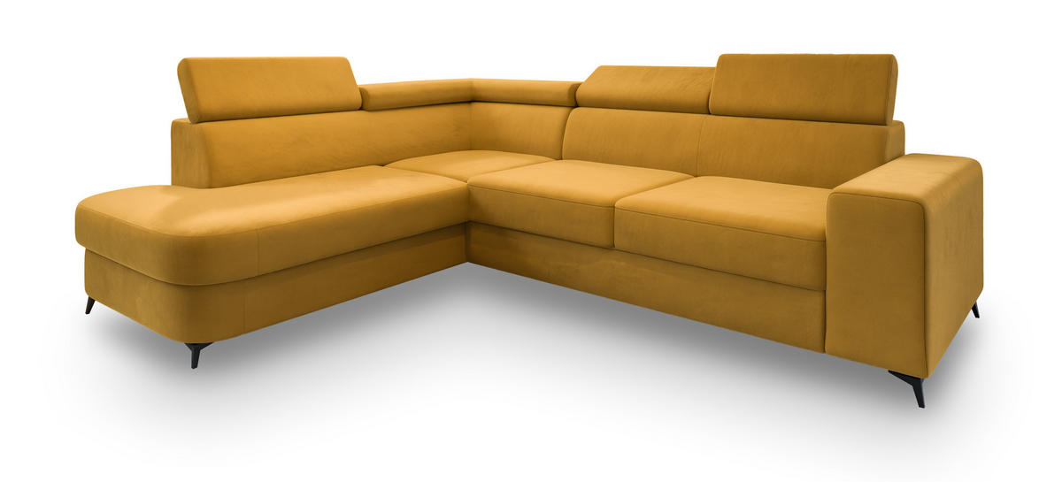 ECKSOFA ALVORO L-S Gelb Velours-Stoff mit Schlaffunktion - Gelb, Holz (253/190cm) - MASSENO