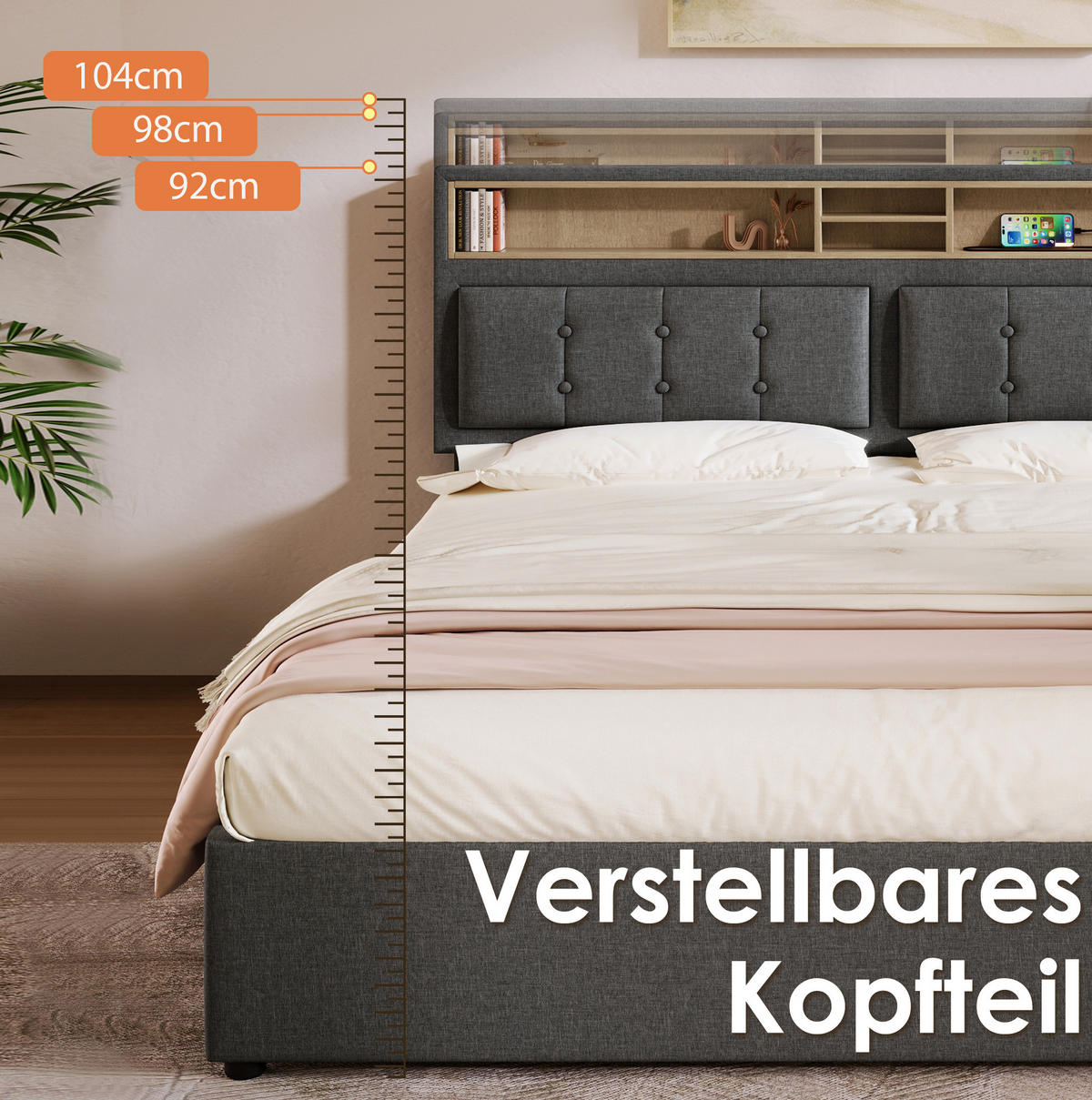 POLSTERBETT mit Matratze, 4 Schubladen und USB 140x200 cm Grau - Grau, Metall (140/200cm) - Meubliv