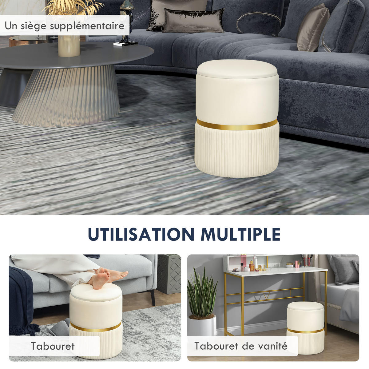 POUF DE-16435 mit Stauraum und Rippenvelours Beige - Beige, Textil (36/44/36cm) - ComfortXL