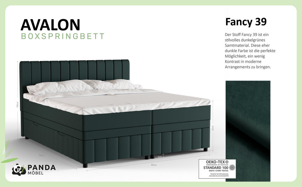 BOXBETT AVALON 180 x 200 cm mit Bettkasten und Topper - Dunkelgrün - Dunkelgrün, Holz - Panda Möbel